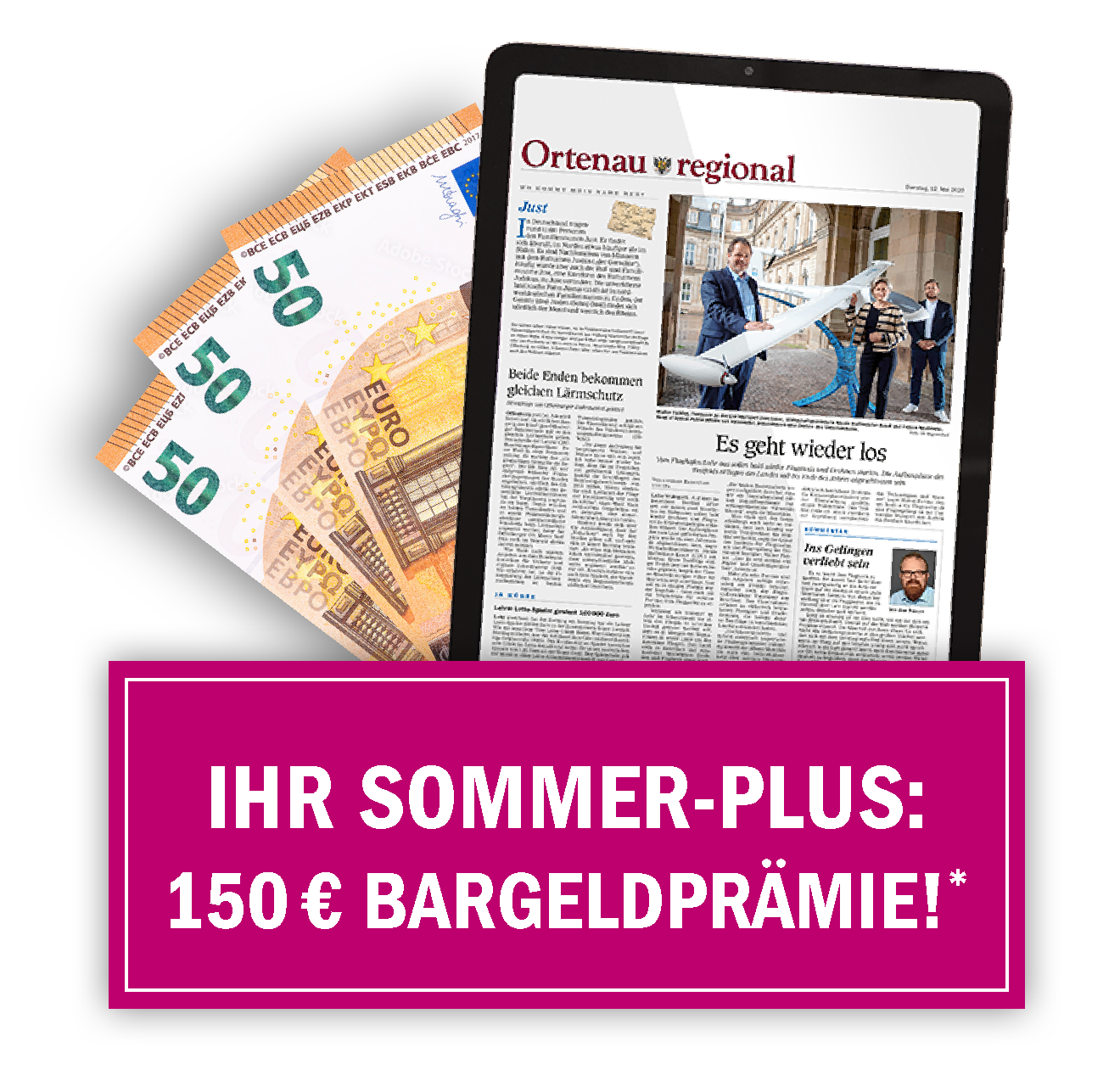 Tablet mit 150 € Bargeld.