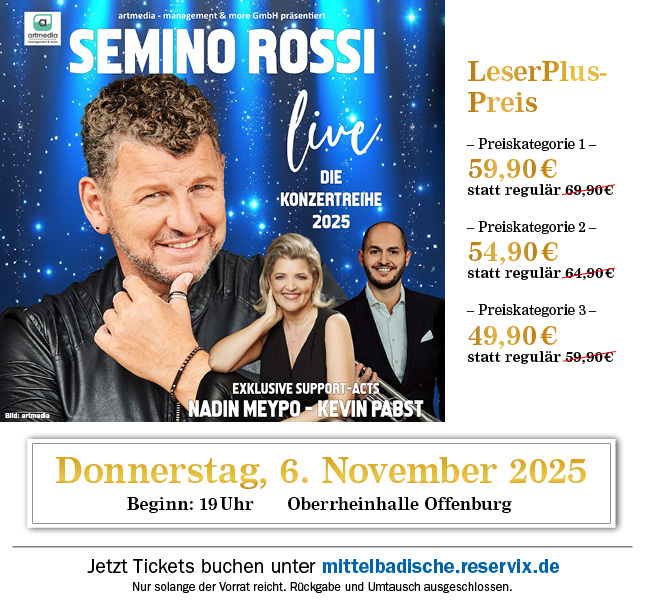Semino Rossi. LeserPlus-Preis für ab 49,90 Euro. Tickets erhältlich unter mittelbadische.reservix.de