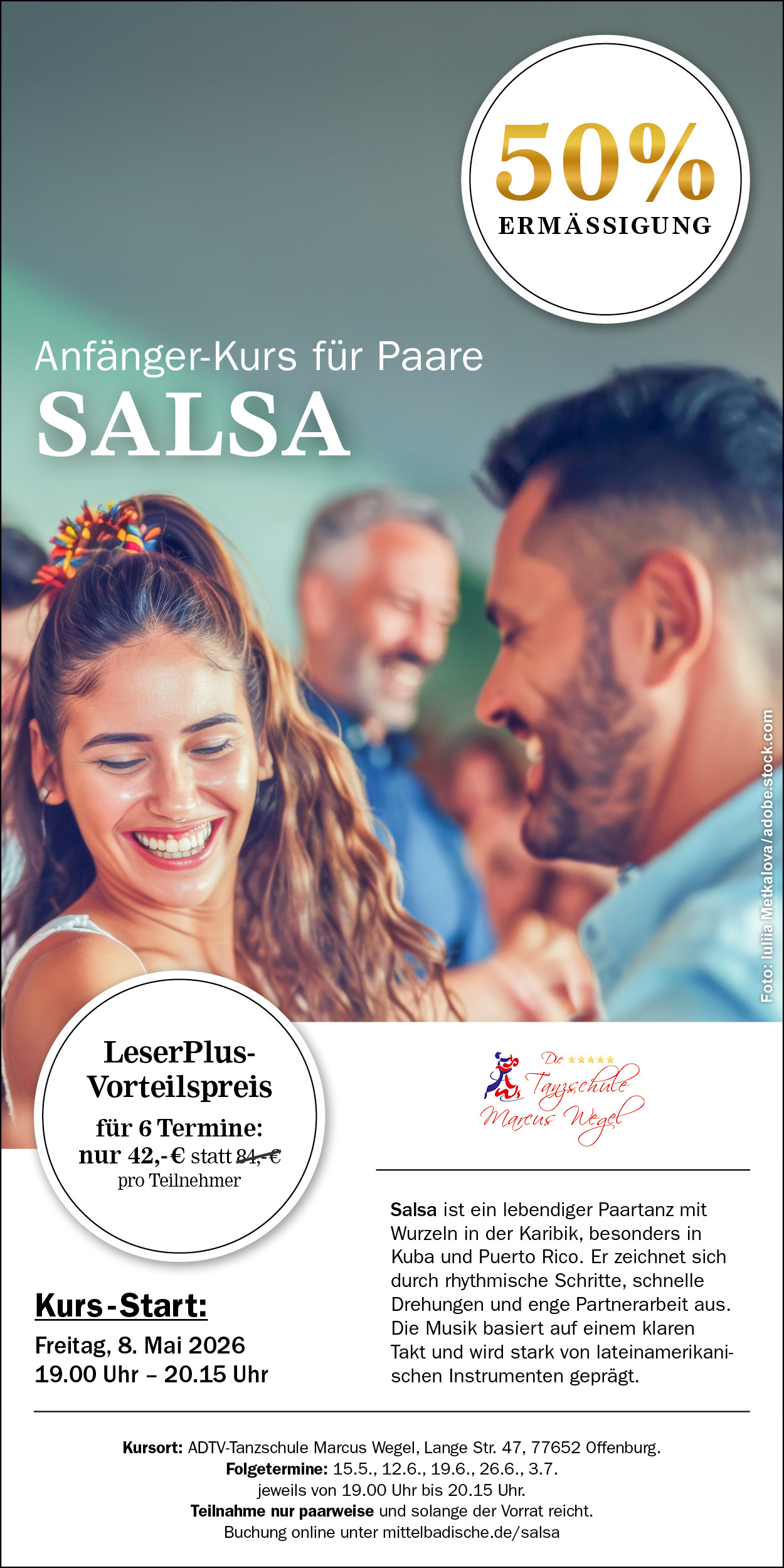 Salsa Tanzkurs 50% Ermässigung. LeserPlus-Vorteilspreis