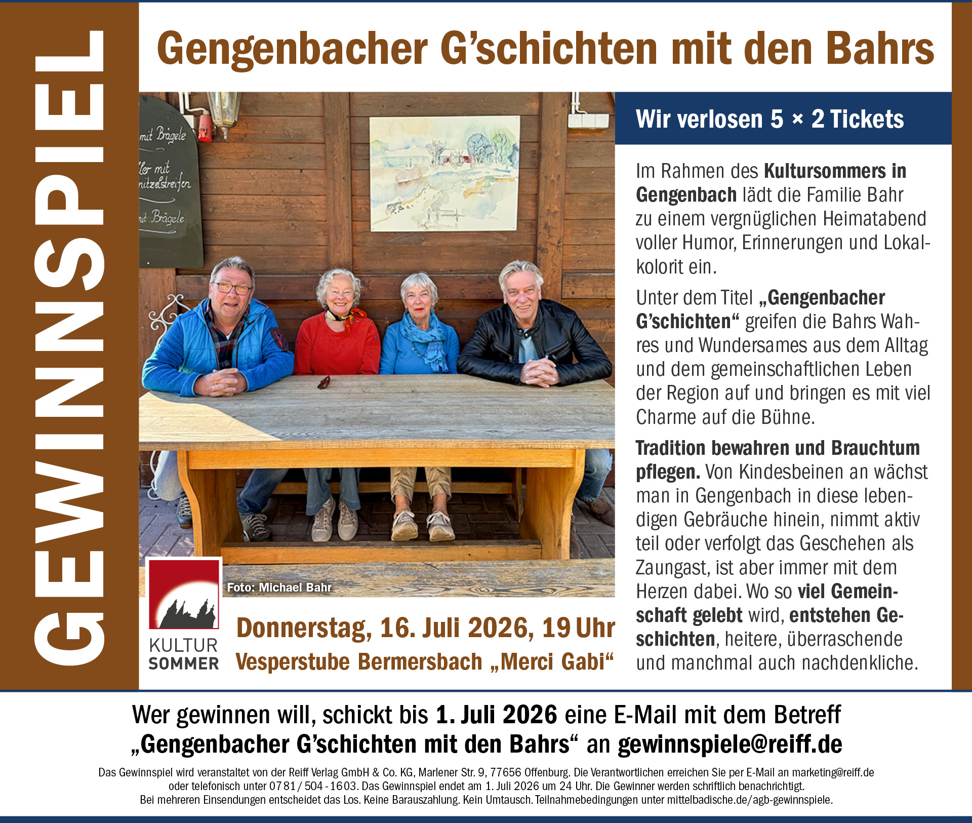 Gewinnspiel Gengenbacher G'schichten mit den Bahrs: Mitmachen unter gewinnspiele@reiff.de